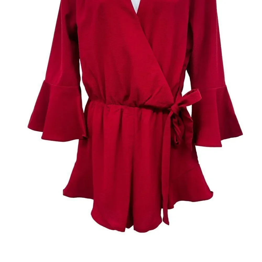 She & Sky Wrap V-Neck Side Tie Red Ruffle Romper Small - Picture 5 of 9